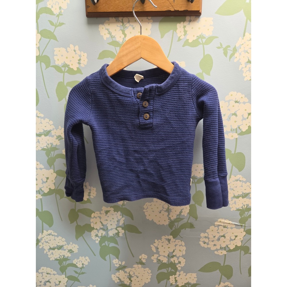 Nui Organics Blue Waffle Knit Henley Long Sleeve Top 100% Organic Cotton 18M